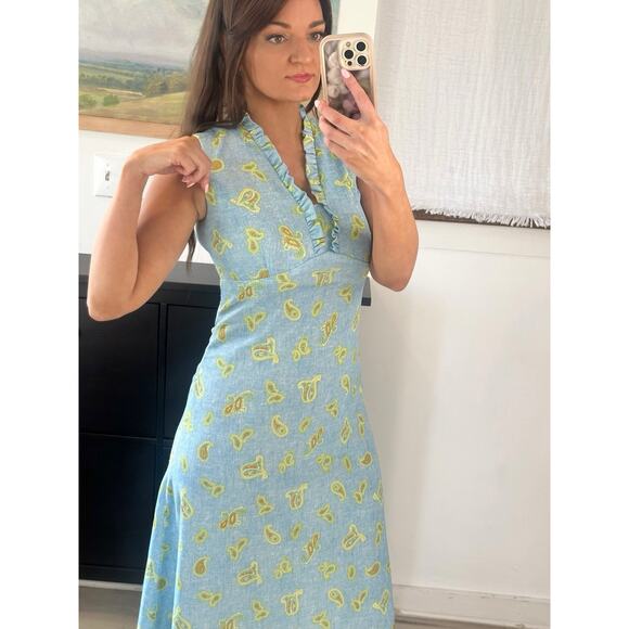 60’s 70’s D Lang Fashions ILGWU Blue Paisley Ruffle Neck Maxi Dress - Picture 4 of 10